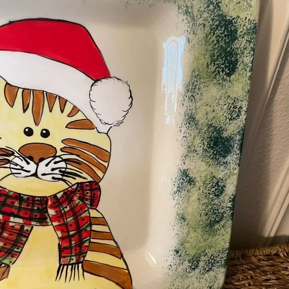 Ceramic Large Vintage Orange Cat Santa Serving Platter 13x13!